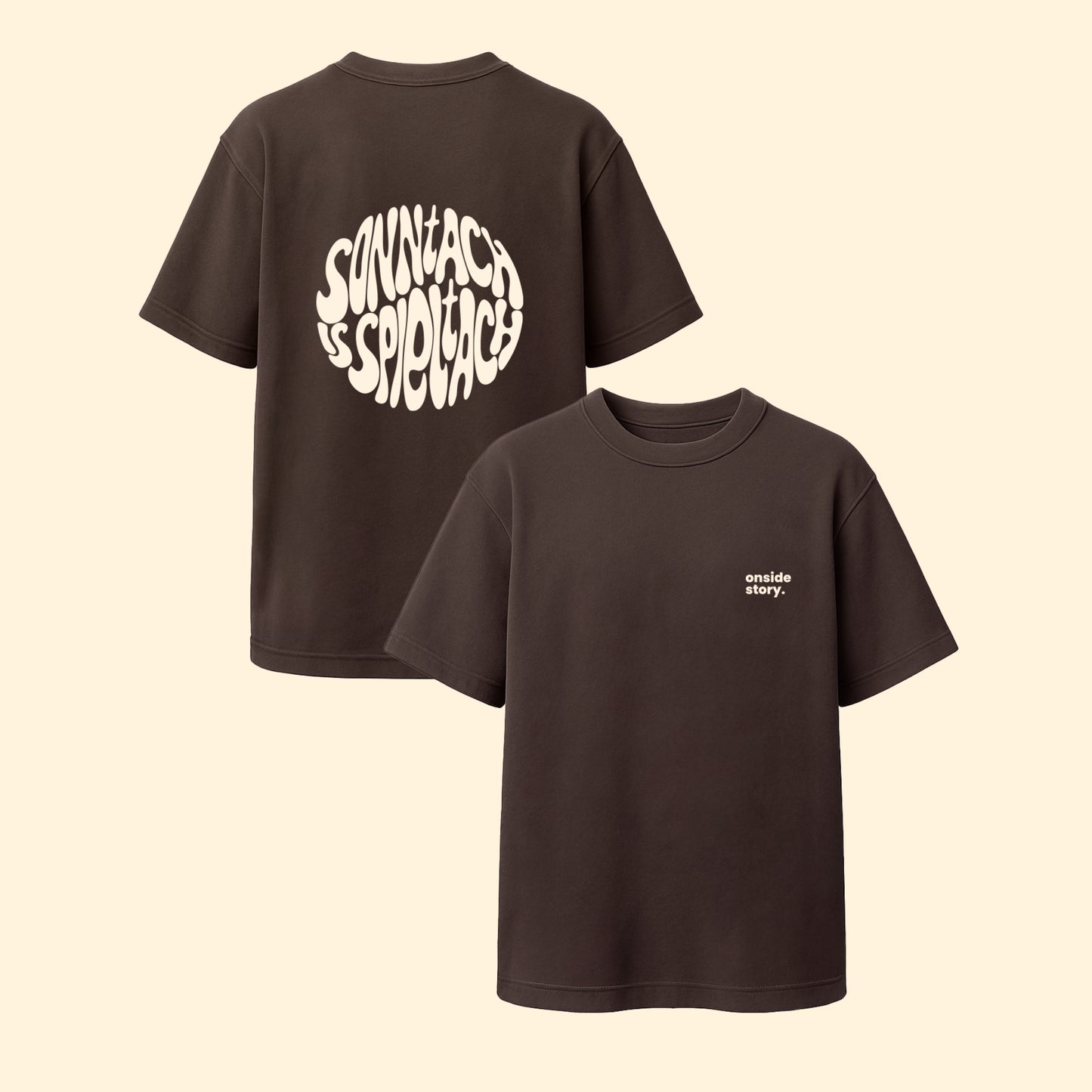 Rückseite und Vorderseite des "sonntach is spieltach"-Shirt in Chocolate aus Chapter Two von onside story - nachhaltig produzierte Streetwear inspiriert aus der Fußball-Community.