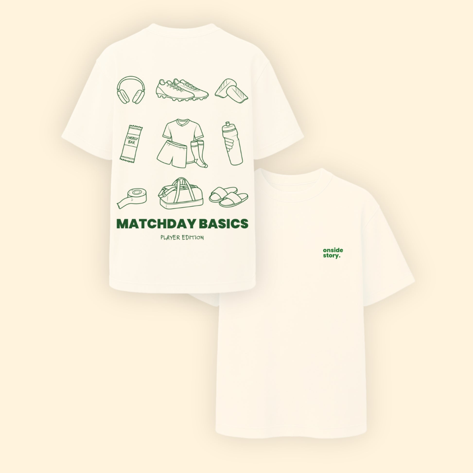 Rückseite und Vorderseite des "matchday basics"-Shirt in Cream aus Chapter Three von onside story.