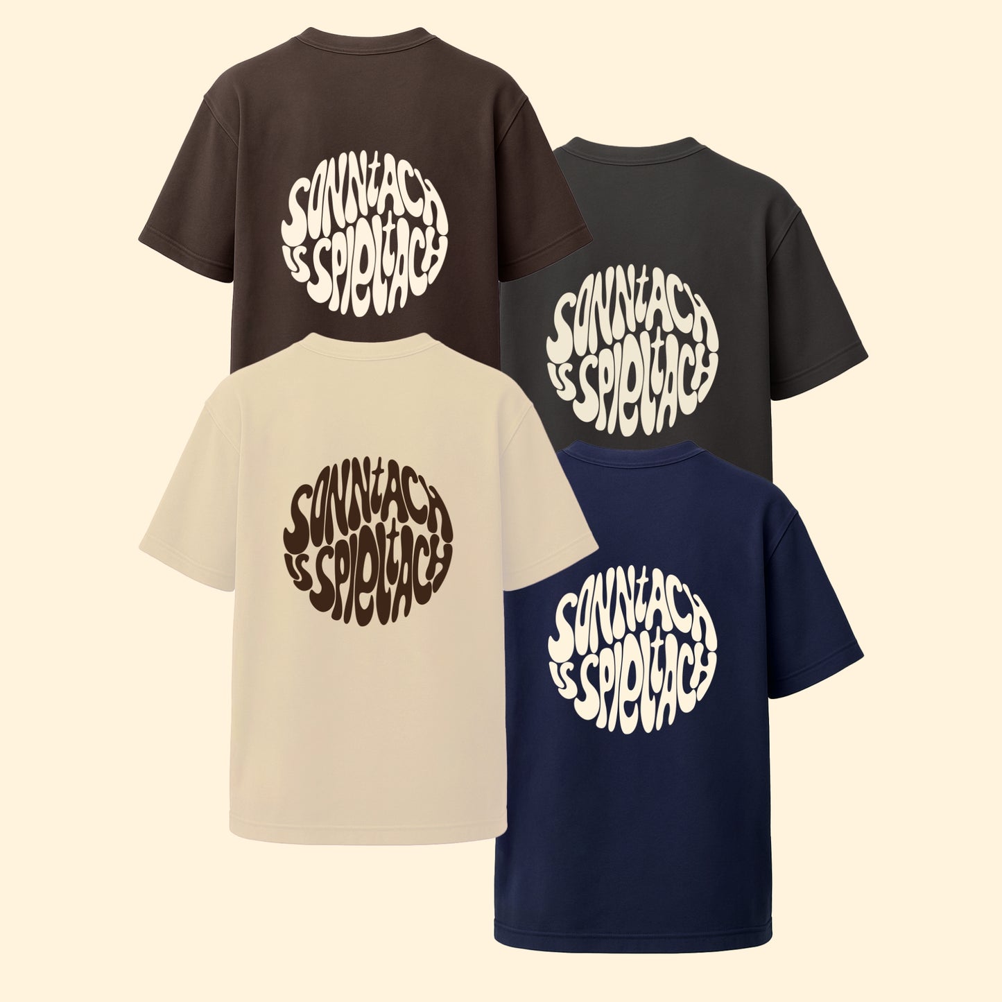 Collage der Produktfotos der "sonntach is spieltach" Shirts aus Chapter Two in allen Farben und Rückansicht.