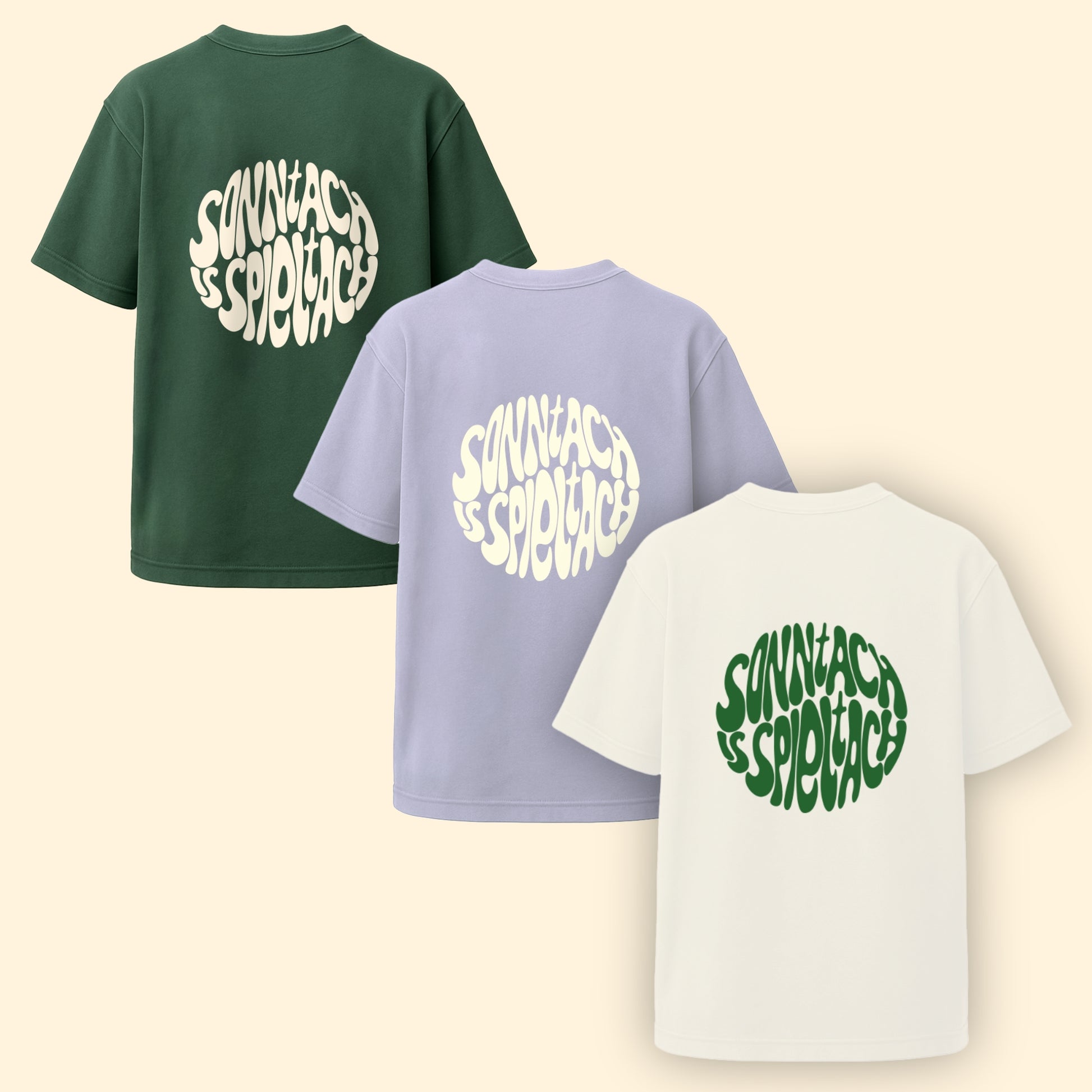 Rückseite des "sonntach is spieltach"-Shirt in den drei Farben Bottlegreen, Lavender und Cream aus Chapter One von onside story - nachhaltig produzierte Streetwear inspiriert aus der Fußball-Community.