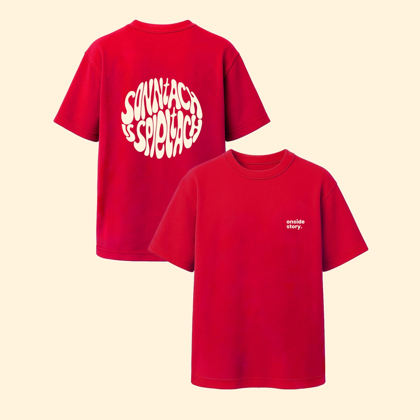Rückseite und Vorderseite des "sonntach is spieltach"-Shirt in Derby Red aus Chapter Three von onside story - nachhaltig produzierte Streetwear inspiriert aus der Fußball-Community.
