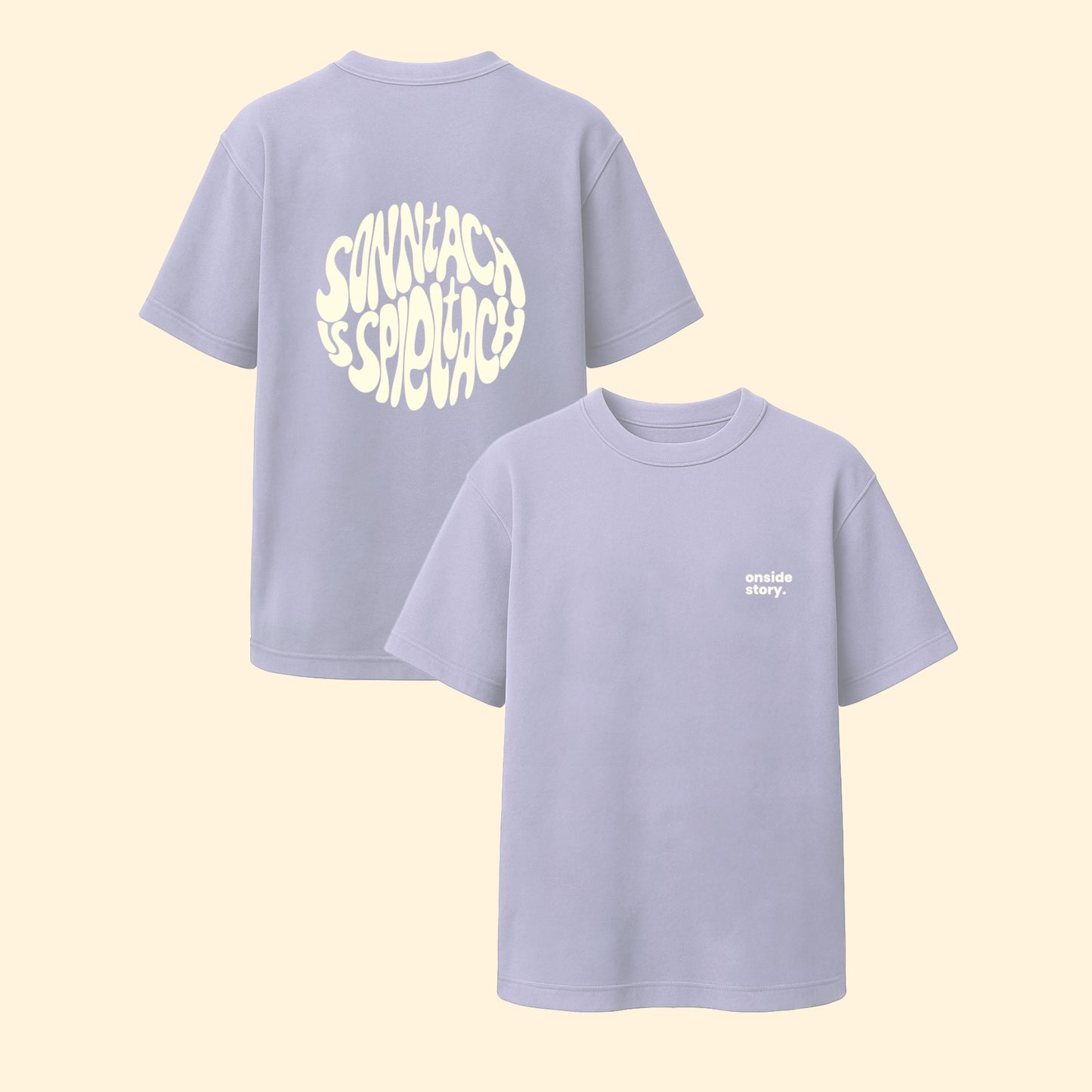Rückseite und Vorderseite des "sonntach is spieltach"-Shirt in Lavender aus Chapter One von onside story - nachhaltig produzierte Streetwear inspiriert aus der Fußball-Community.